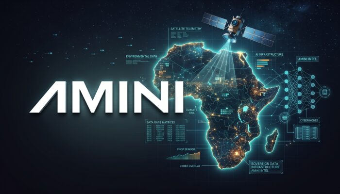 Conceptual digital illustration of satellite telemetry, environmental data streams, and artificial intelligence neural networks connecting across the African continent