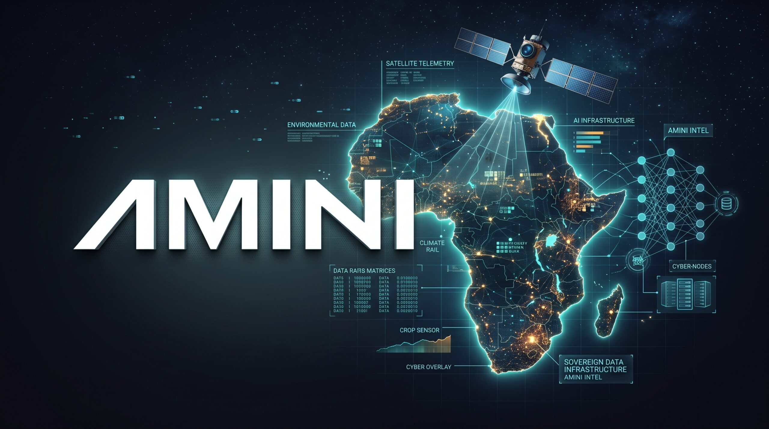 Conceptual digital illustration of satellite telemetry, environmental data streams, and artificial intelligence neural networks connecting across the African continent