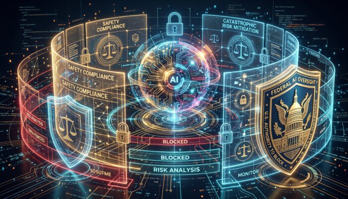 Conceptual illustration of AI governance showing a digital model core secured behind legislative safety barriers and government oversight shields