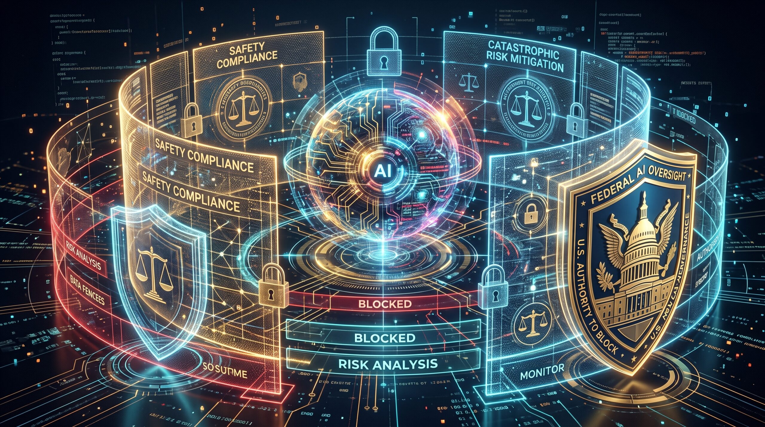Conceptual illustration of AI governance showing a digital model core secured behind legislative safety barriers and government oversight shields