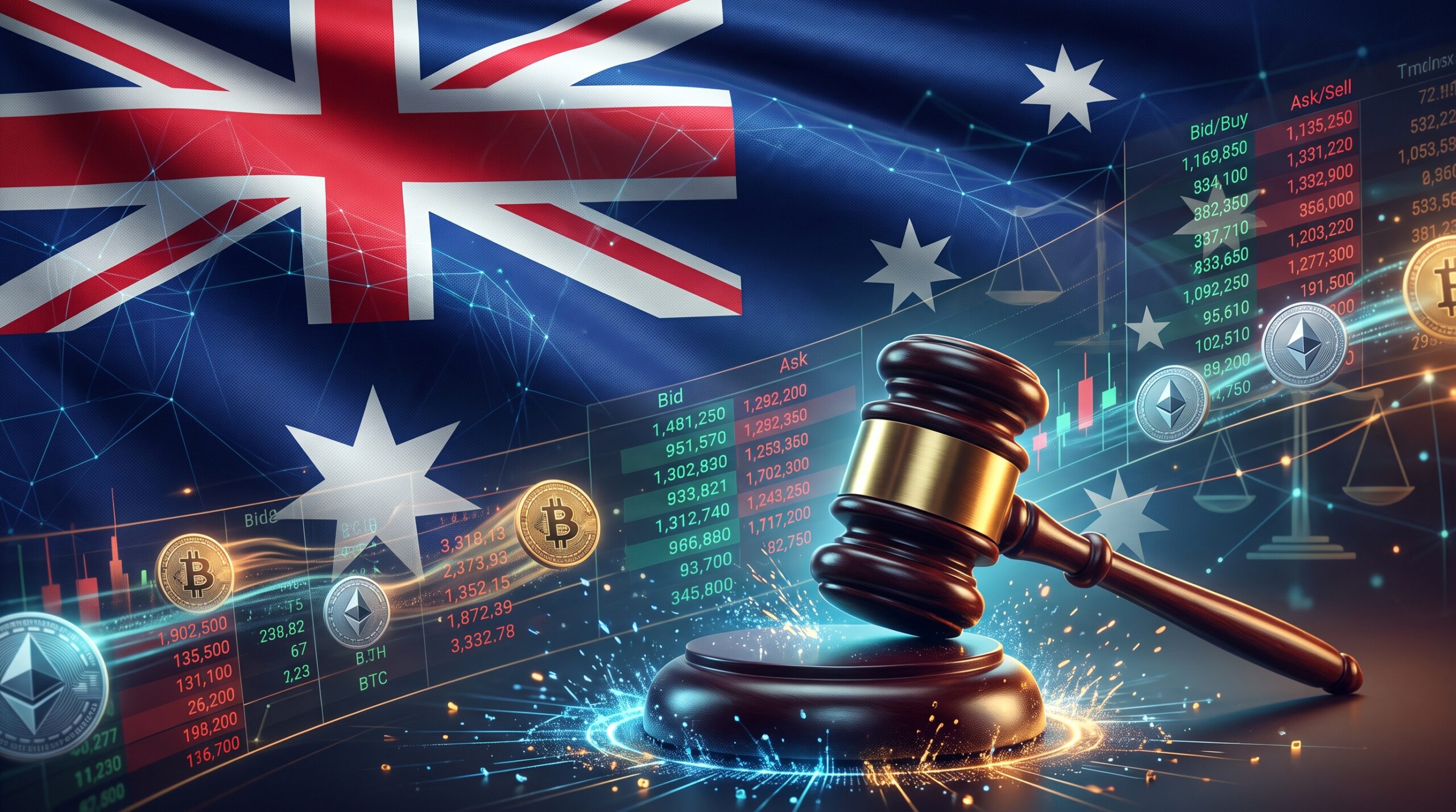 Digital illustration of the Australian flag overlaid with cryptocurrency trading order books and a regulatory gavel