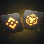 Glowing 3D golden BNB cryptocurrency coin set against high-speed digital blockchain network data tracks
