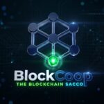 A digital interface showing connected cooperative members and a secure decentralized ledger network with cryptocurrency and fiat symbols.