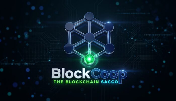 A digital interface showing connected cooperative members and a secure decentralized ledger network with cryptocurrency and fiat symbols.