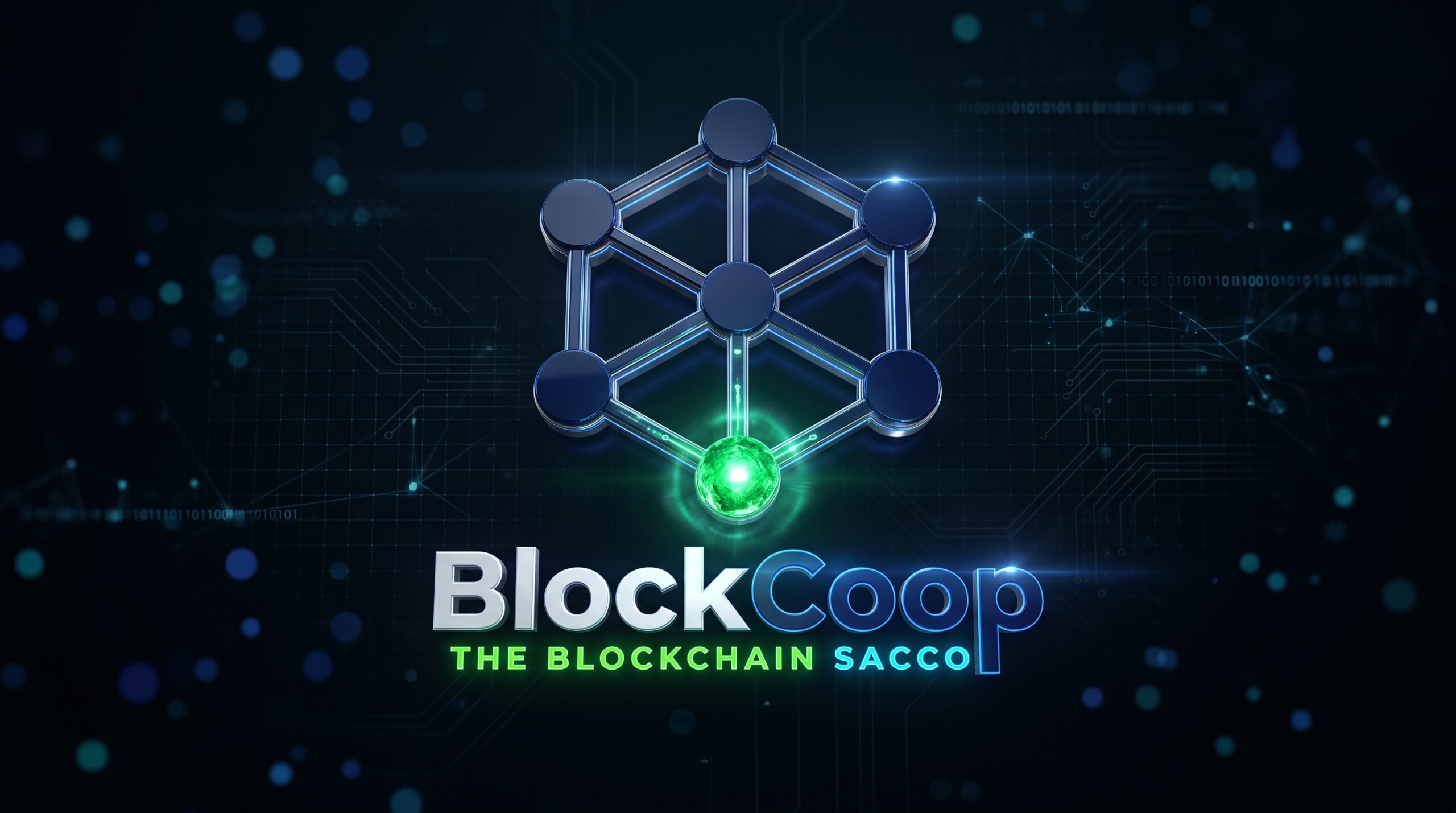 Blockcoop A digital interface showing connected cooperative members and a secure decentralized ledger network with cryptocurrency and fiat symbols.