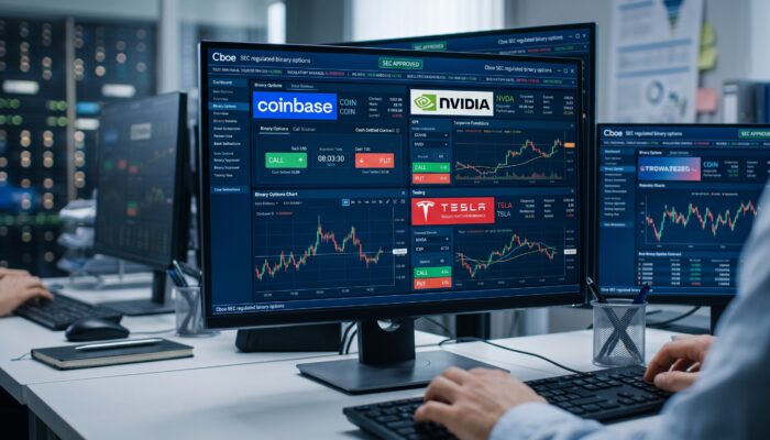 Trading screen displaying binary options contracts, financial KPI charts, and logos of Coinbase, Nvidia, and Tesla under SEC regulatory oversight