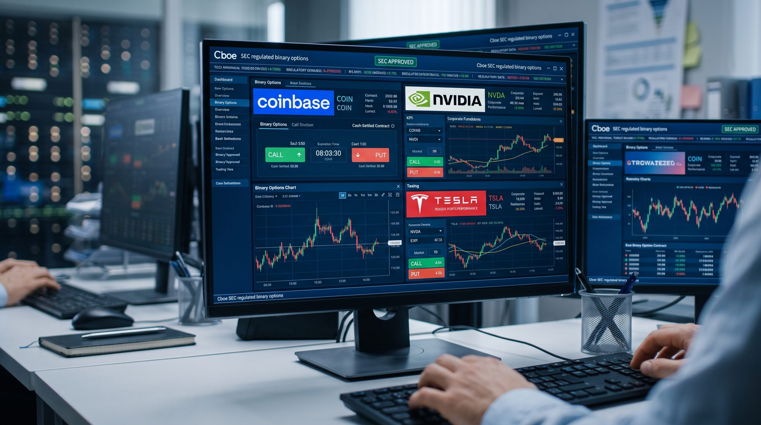 Trading screen displaying binary options contracts, financial KPI charts, and logos of Coinbase, Nvidia, and Tesla under SEC regulatory oversight