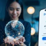 Ezeebit mobile app interface showing a successful 40 ZAR crypto payment alongside a glowing digital globe