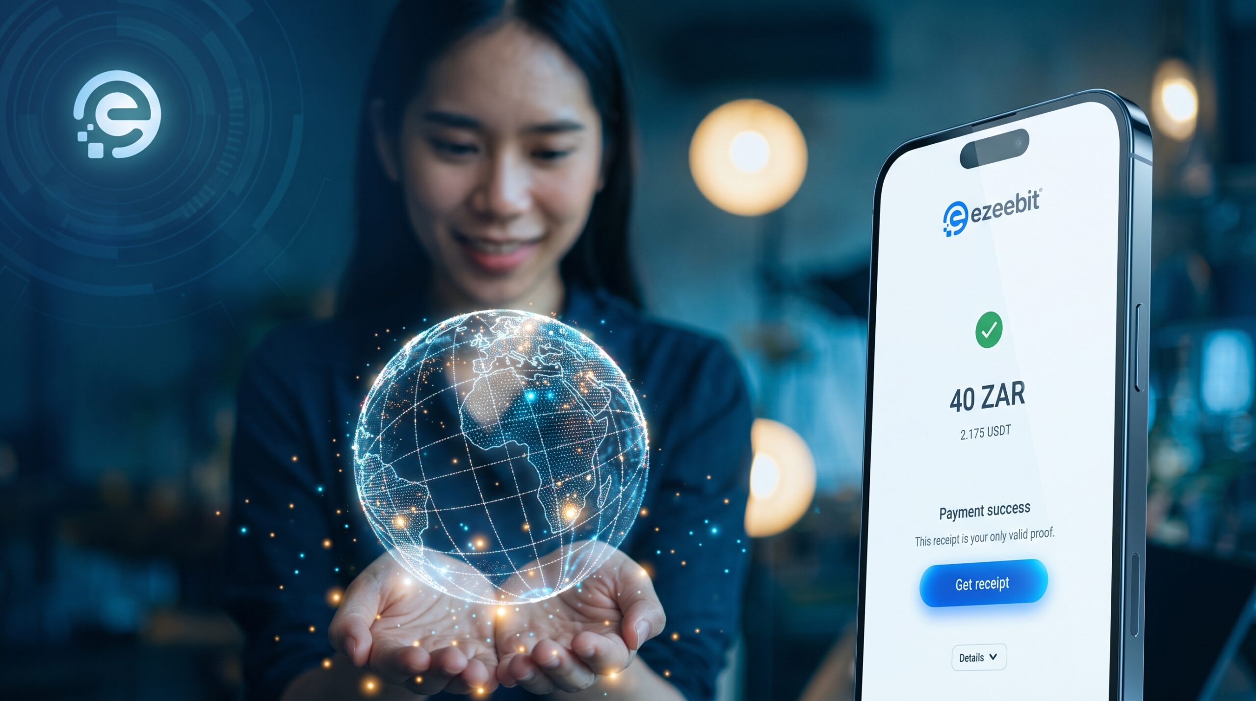 Ezeebit mobile app interface showing a successful 40 ZAR crypto payment alongside a glowing digital globe