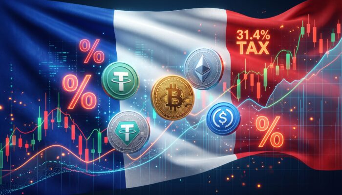 Digital illustration of the French flag and cryptocurrency tokens with tax percentage symbols and financial charts