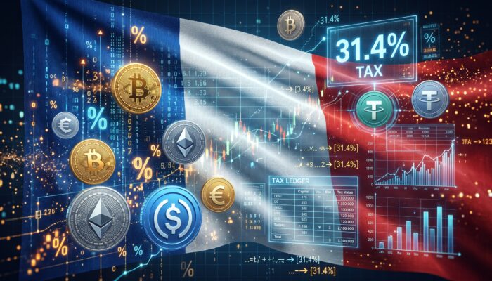 Conceptual digital illustration of a French flag motif overlaid with cryptocurrency tokens, stablecoin symbols, and financial tax calculation charts