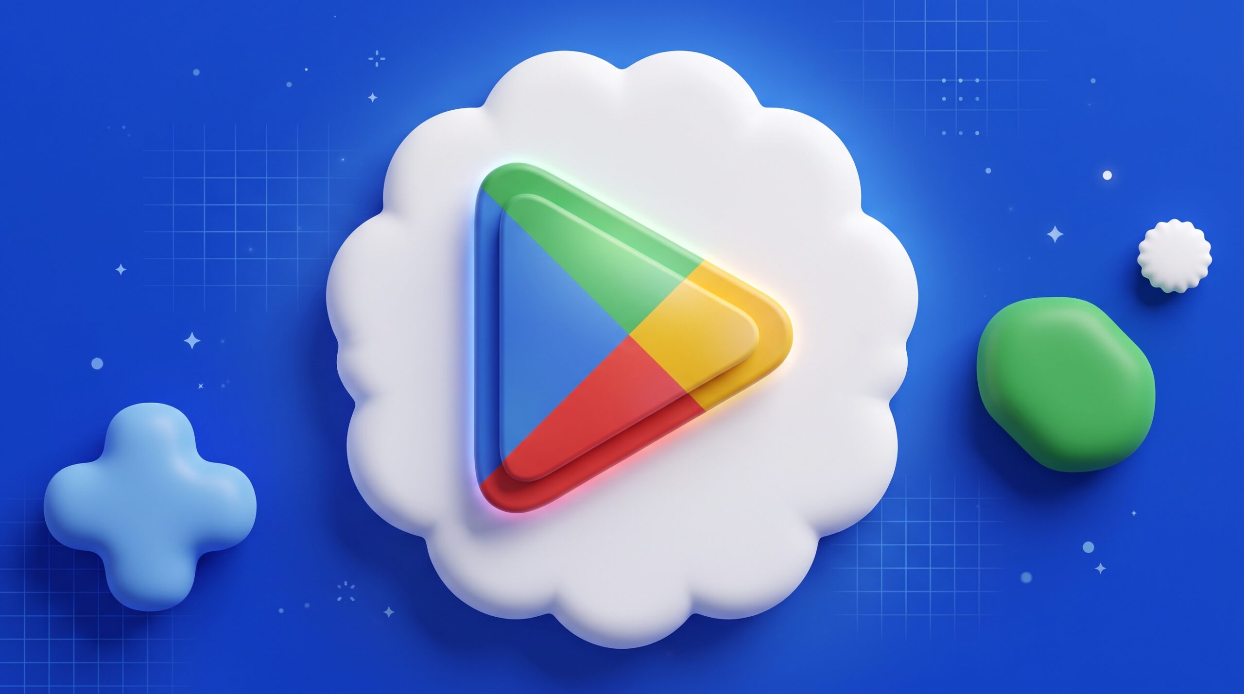Google Playstore AI 3D rendered Google Play Store logo set on a cloud badge with colorful geometric shapes against a blue backdrop