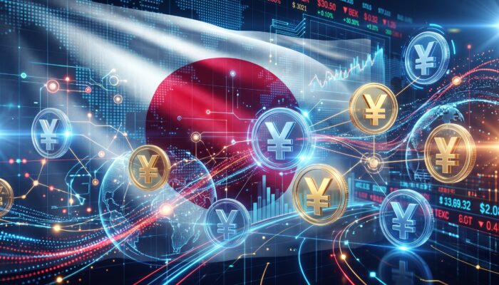 Digital 3D illustration of the Japanese flag and glowing digital yen currency tokens overlaid on cross-border bank settlement networks