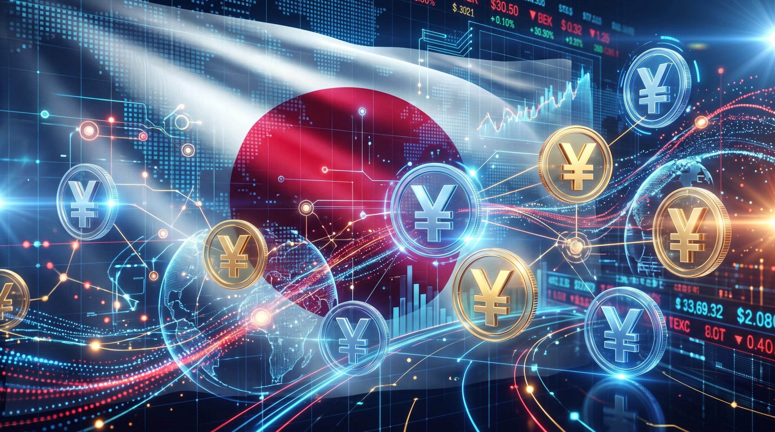 Digital 3D illustration of the Japanese flag and glowing digital yen currency tokens overlaid on cross-border bank settlement networks