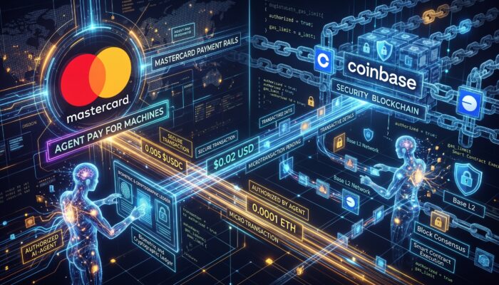Conceptual digital illustration of autonomous AI software agents initiating secure microtransactions across Mastercard payment rails and blockchain networks