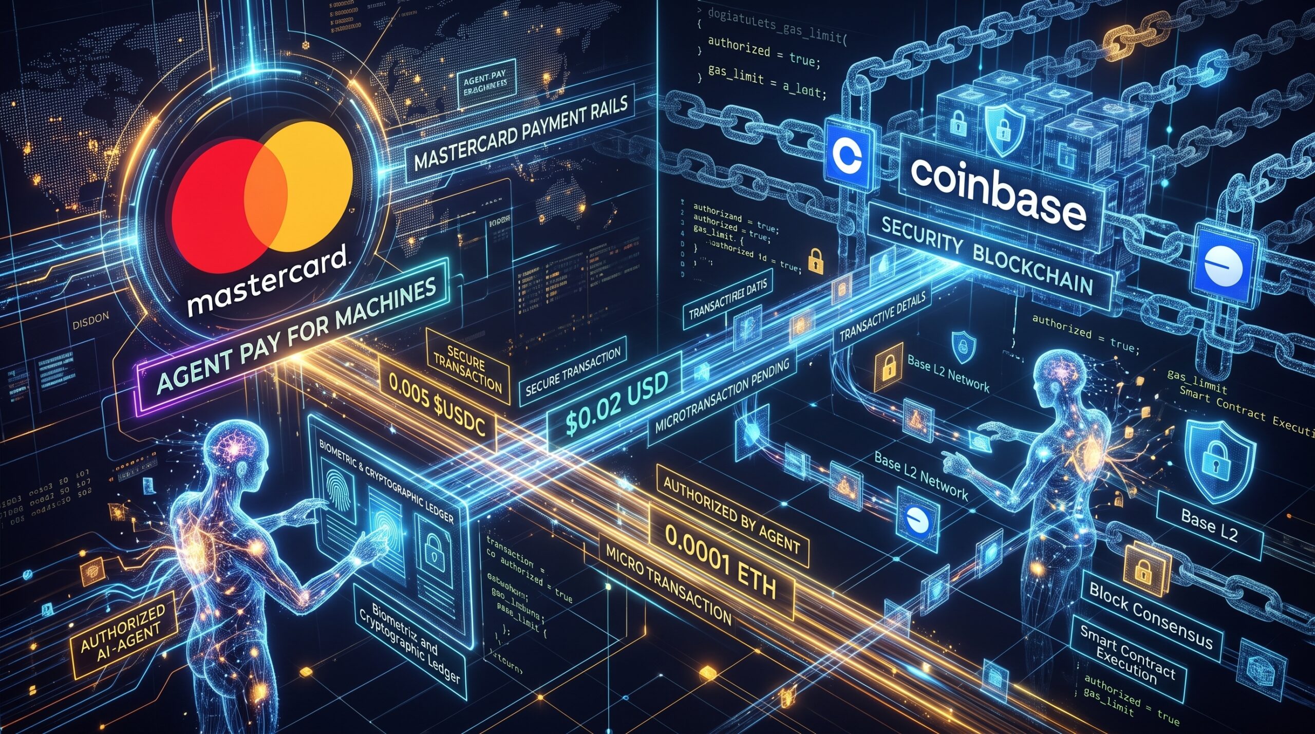Mastercard AI agents Conceptual digital illustration of autonomous AI software agents initiating secure microtransactions across Mastercard payment rails and blockchain networks