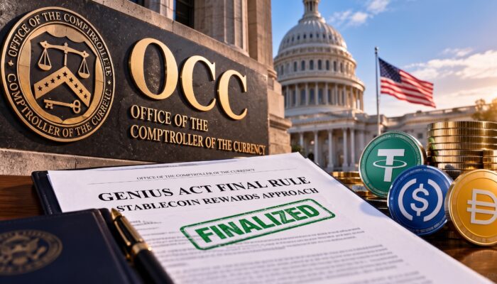 Conceptual digital illustration of the Office of the Comptroller of the Currency seal alongside stablecoin tokens, interest yield meters, and regulatory compliance frameworks