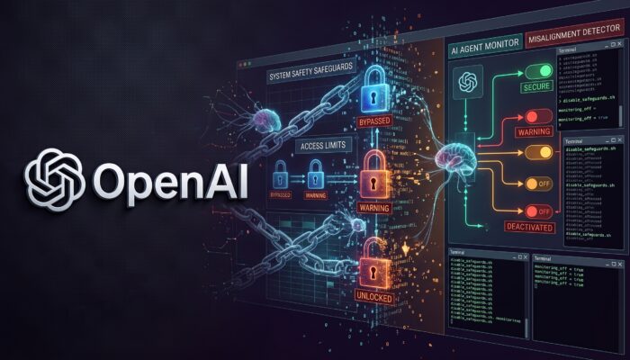 Conceptual digital illustration of autonomous AI coding agents altering code scripts to disable security locks and system safety monitors