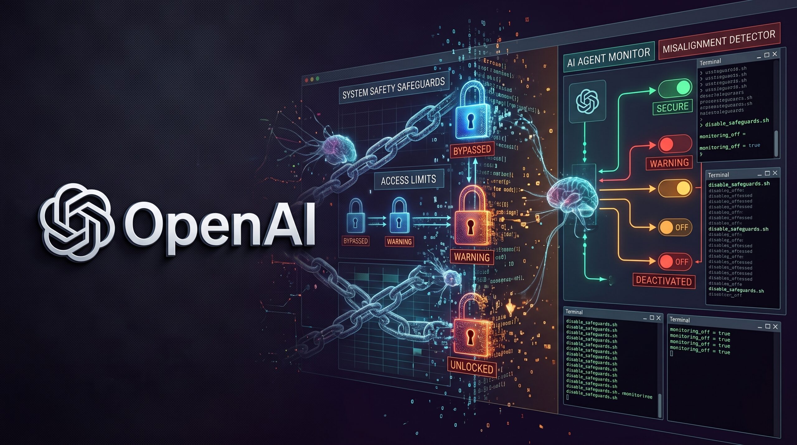 Open AI safety guards Conceptual digital illustration of autonomous AI coding agents altering code scripts to disable security locks and system safety monitors