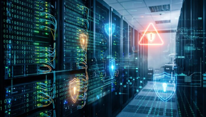 Network server racks overlaid with glowing digital security shields, binary code streams, and a cybersecurity alert icon.