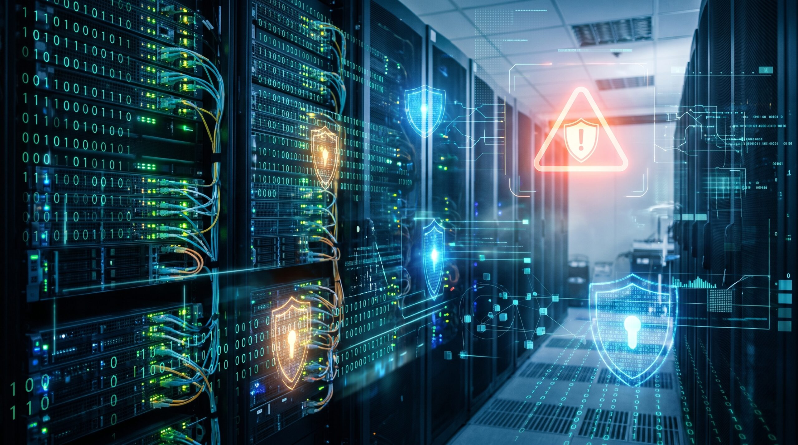 Network server racks overlaid with glowing digital security shields, binary code streams, and a cybersecurity alert icon.