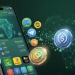Smartphone showing Pretium stablecoin payment interface with African map graphics, digital tokens, and mobile money icons