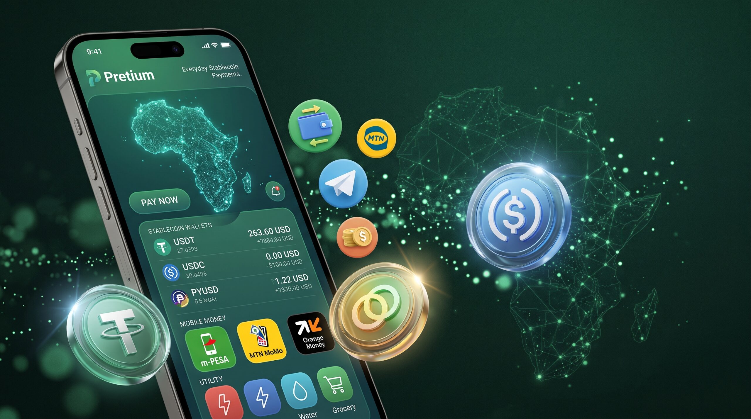 Pretium Hero Smartphone showing Pretium stablecoin payment interface with African map graphics, digital tokens, and mobile money icons