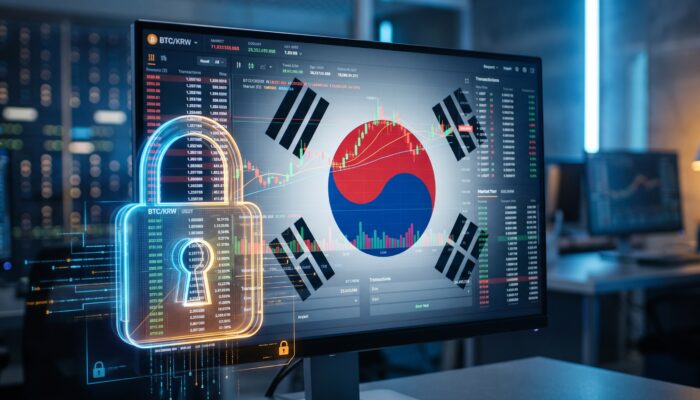South Korean flag and cryptocurrency trading charts displayed on a screen behind a digital security lock icon