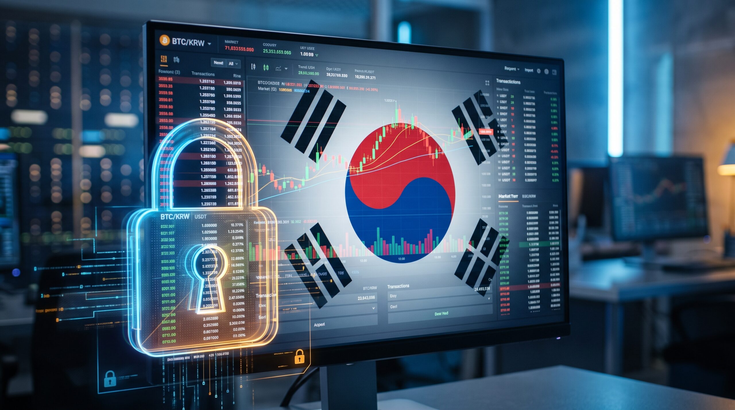 South Korean flag and cryptocurrency trading charts displayed on a screen behind a digital security lock icon