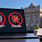 Government office computer screen displaying access denied notifications for ChatGPT and Claude alongside an approved Microsoft Copilot icon