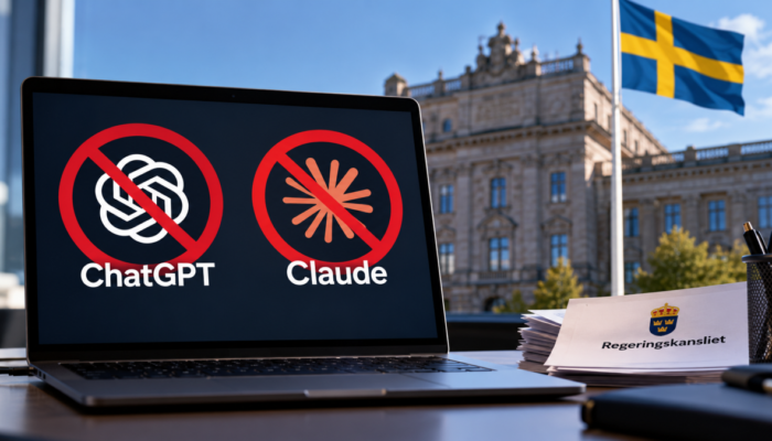 Government office computer screen displaying access denied notifications for ChatGPT and Claude alongside an approved Microsoft Copilot icon