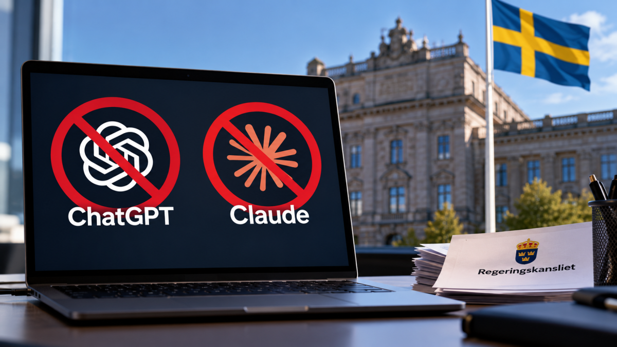Government office computer screen displaying access denied notifications for ChatGPT and Claude alongside an approved Microsoft Copilot icon
