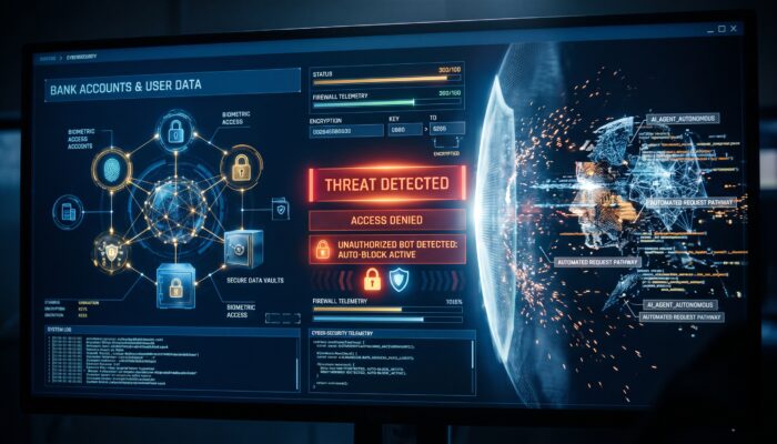 Digital interface illustrating bank account cybersecurity protocols blocking an automated artificial intelligence agent