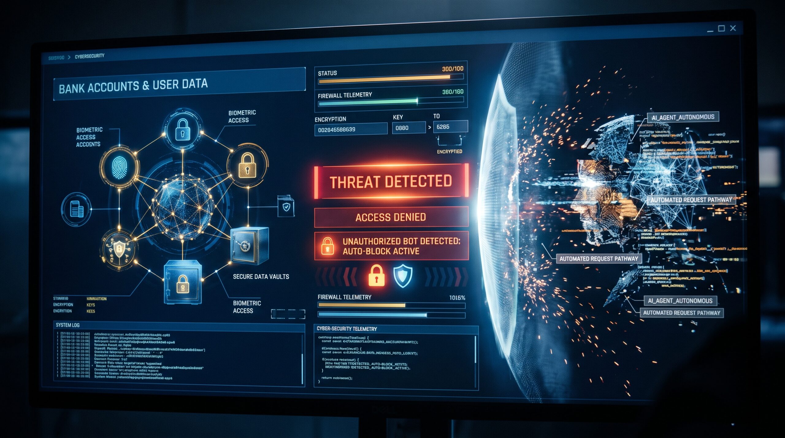 Digital interface illustrating bank account cybersecurity protocols blocking an automated artificial intelligence agent