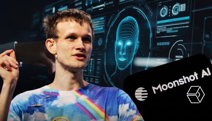 Ethereum co-founder Vitalik Buterin speaking with futuristic digital interface graphics and the Moonshot AI logo