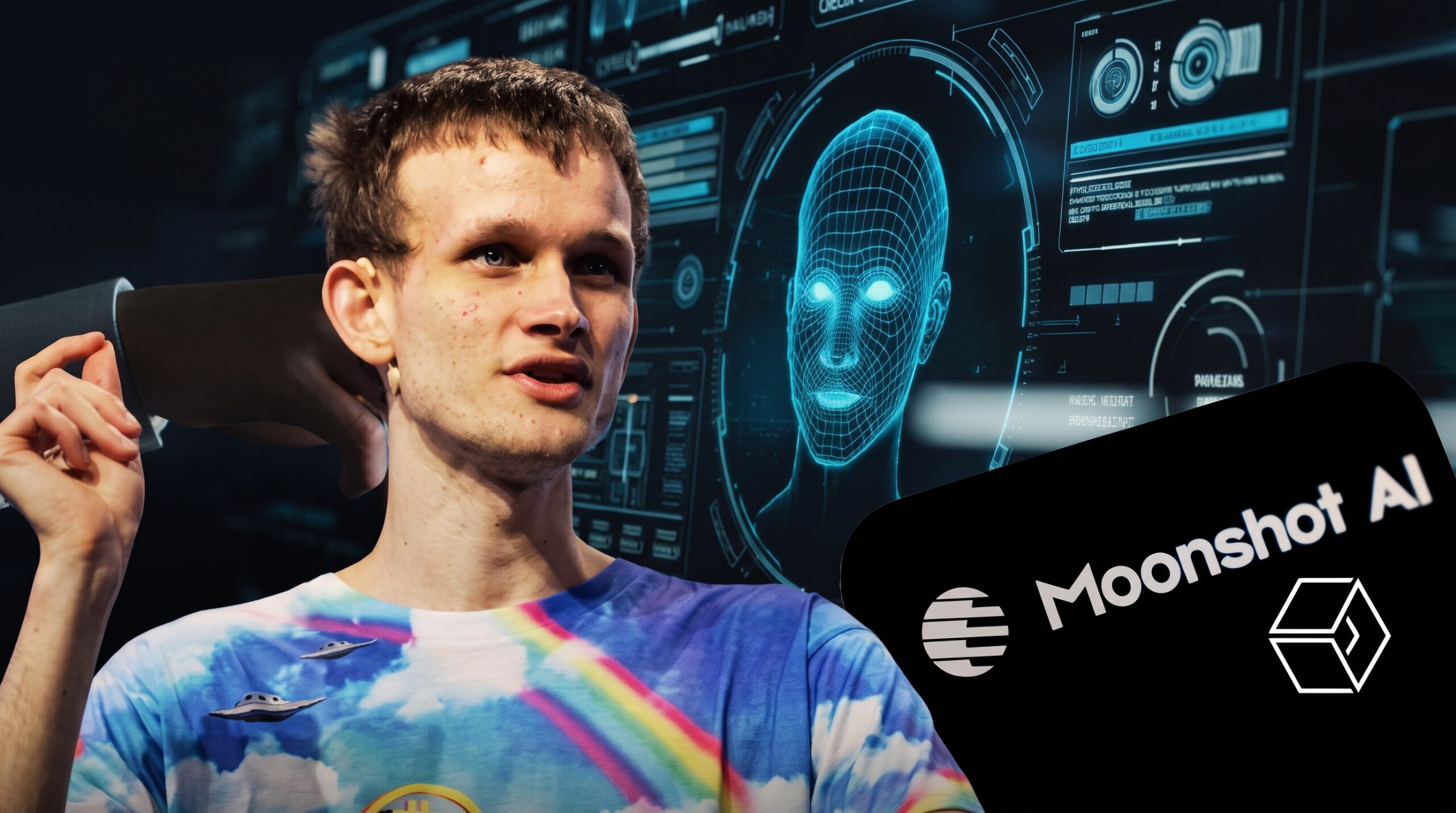 Ethereum co-founder Vitalik Buterin speaking with futuristic digital interface graphics and the Moonshot AI logo