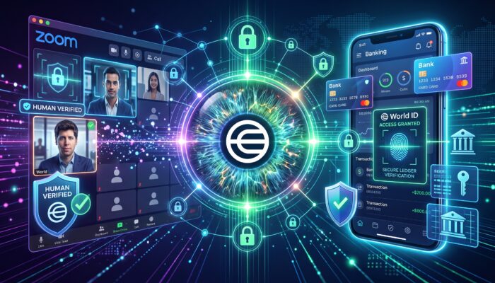 Digital illustration of biometric World ID human verification integrated with online banking and video call interfaces