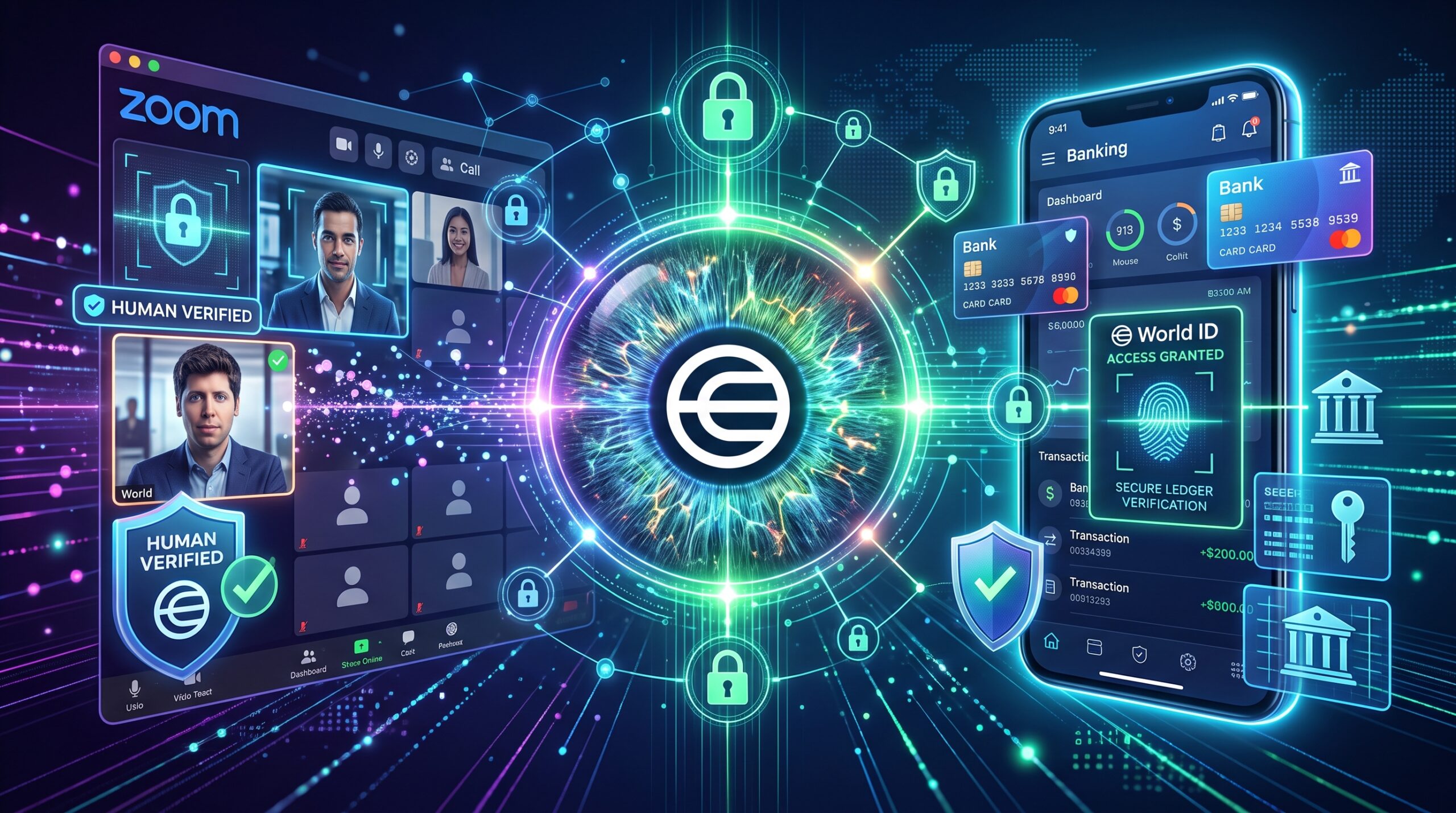 Digital illustration of biometric World ID human verification integrated with online banking and video call interfaces