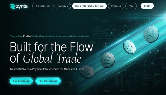 igital network graphic showing global currency symbols and blockchain rails connecting cross-border business payments via Zynta infrastructure