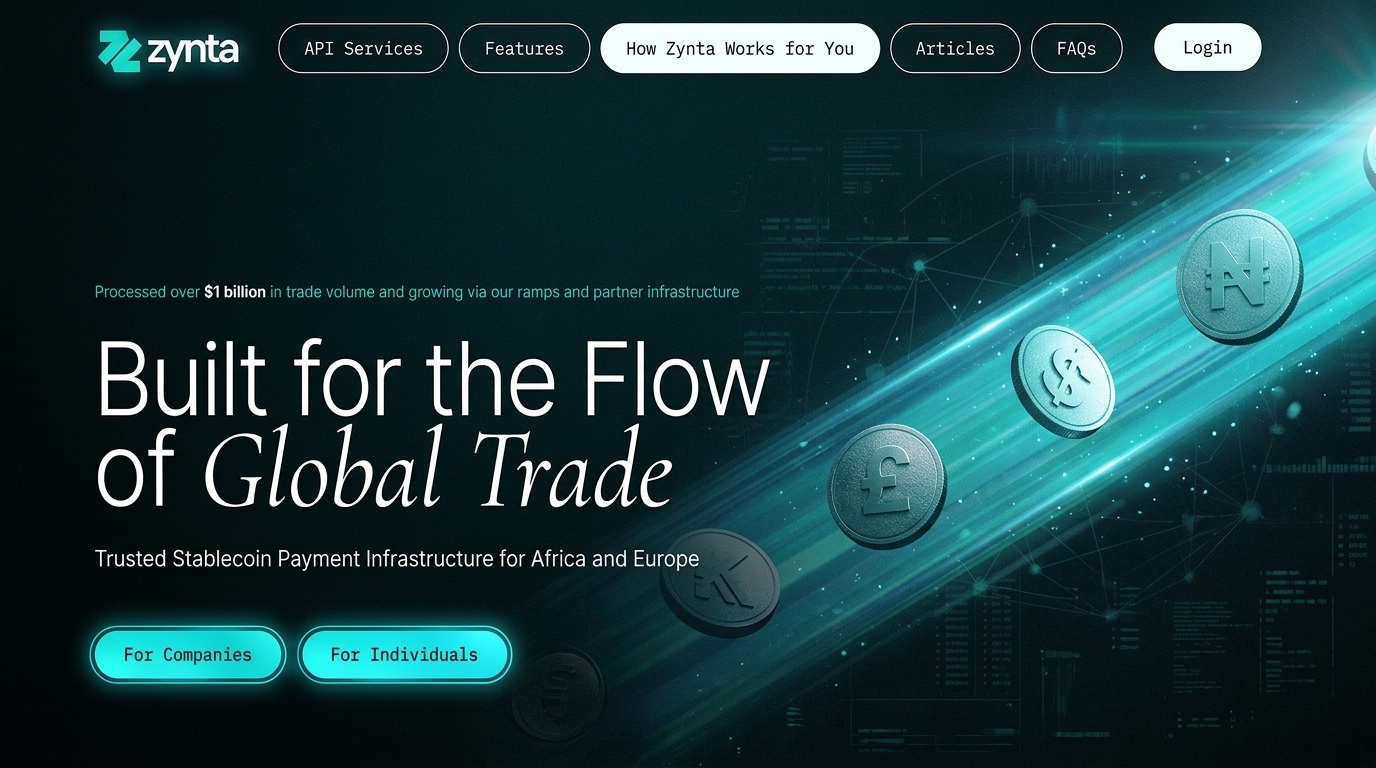 igital network graphic showing global currency symbols and blockchain rails connecting cross-border business payments via Zynta infrastructure