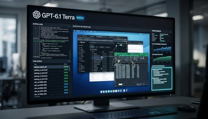 Digital monitor displaying the OpenAI GPT-6.1 Terra logo alongside automated desktop computer-use task workflows
