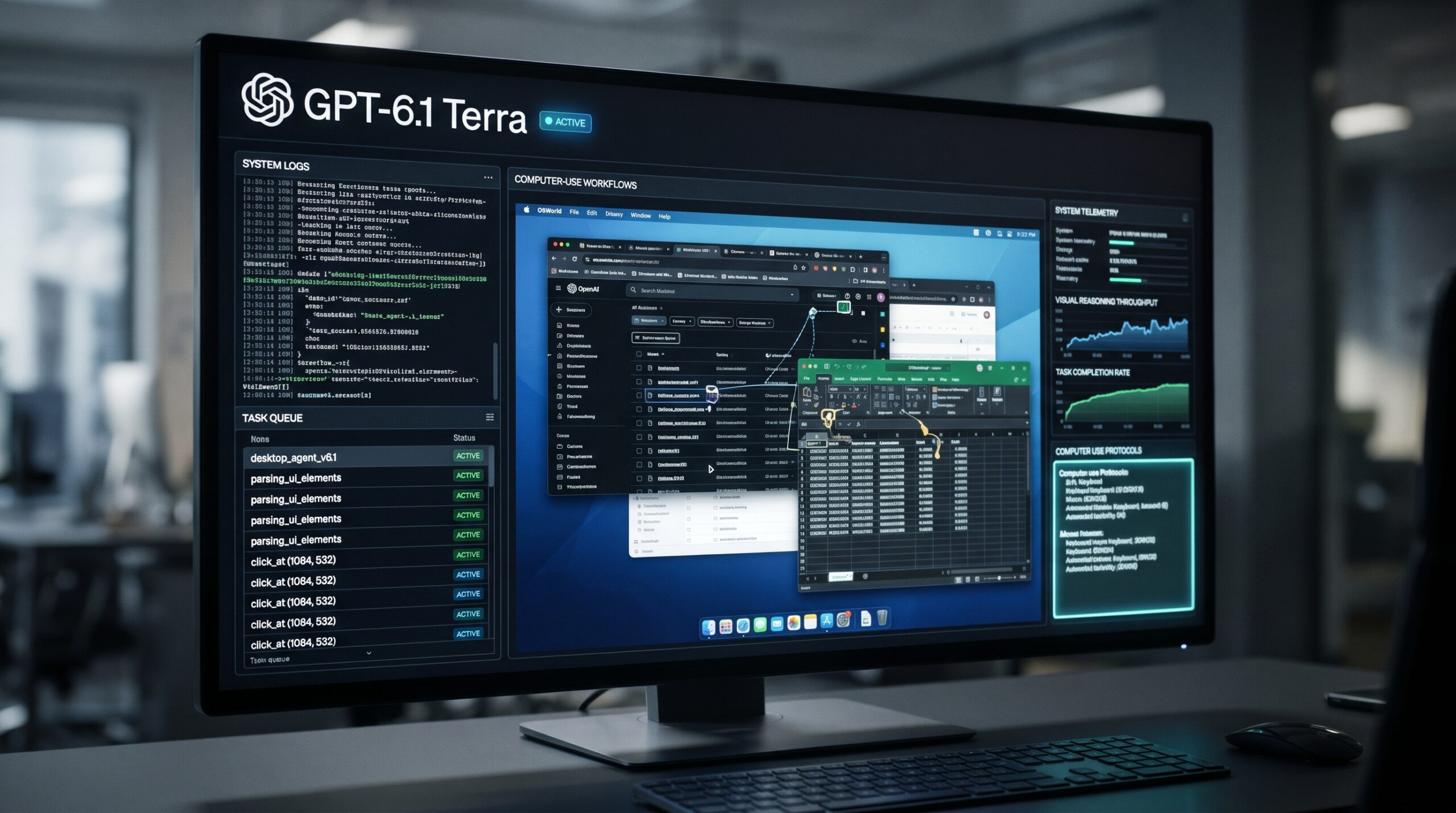 Digital monitor displaying the OpenAI GPT-6.1 Terra logo alongside automated desktop computer-use task workflows