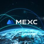 Digital graphic displaying the MEXC exchange logo set against an exit stamp and European regulatory compliance graphics