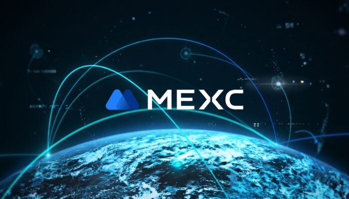 Digital graphic displaying the MEXC exchange logo set against an exit stamp and European regulatory compliance graphics